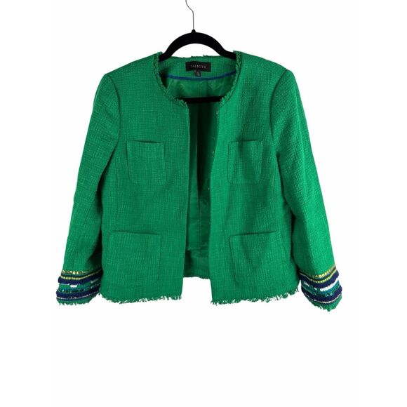 Talbots green tweed crop blazer with blue detailed sleeves- size 6 - Picture 1 of 7